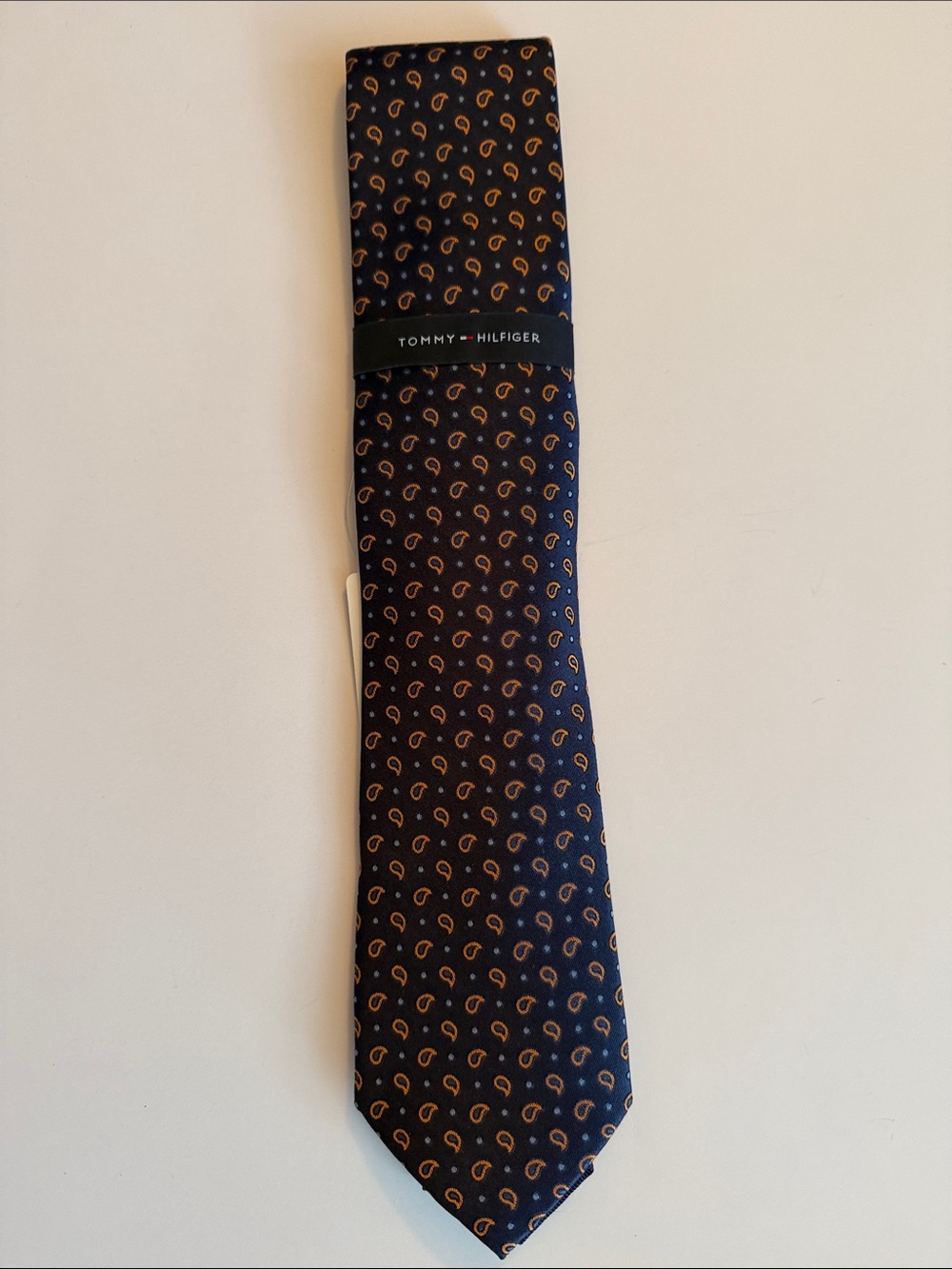 Tommy Hilfiger Navy Silk Tie with Orange Paisley Motif